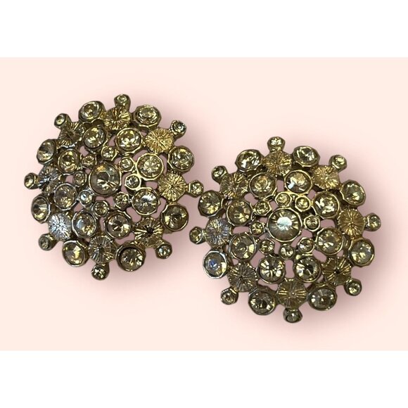 Vintage Signed Givenchy Yellow Rhinestone Earrings Starburst Round Pierced - Picture 2 of 7